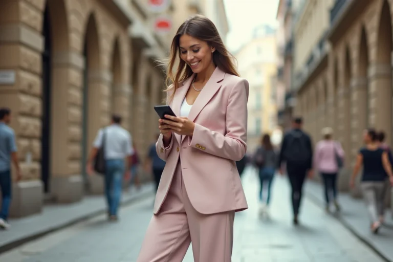 Femme élégante en blazer pastel dans une rue urbaine