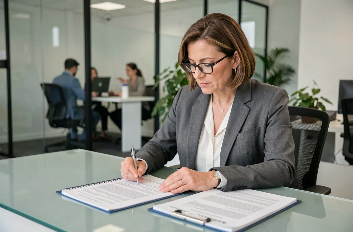 Femme professionnelle étudiant des documents légaux immobiliers dans un bureau moderne, conseil juridique sur la résidence principale