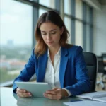 Femme en blazer bleu lisant une tablette dans un bureau moderne