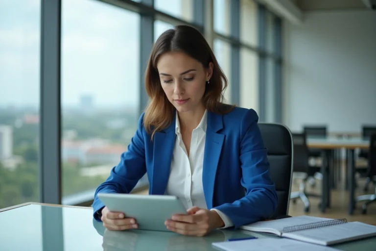 Femme en blazer bleu lisant une tablette dans un bureau moderne