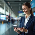 Femme professionnelle souriante avec tablette lors d'une conférence