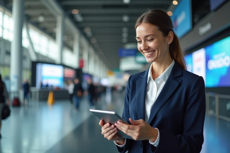 Femme professionnelle souriante avec tablette lors d'une conférence
