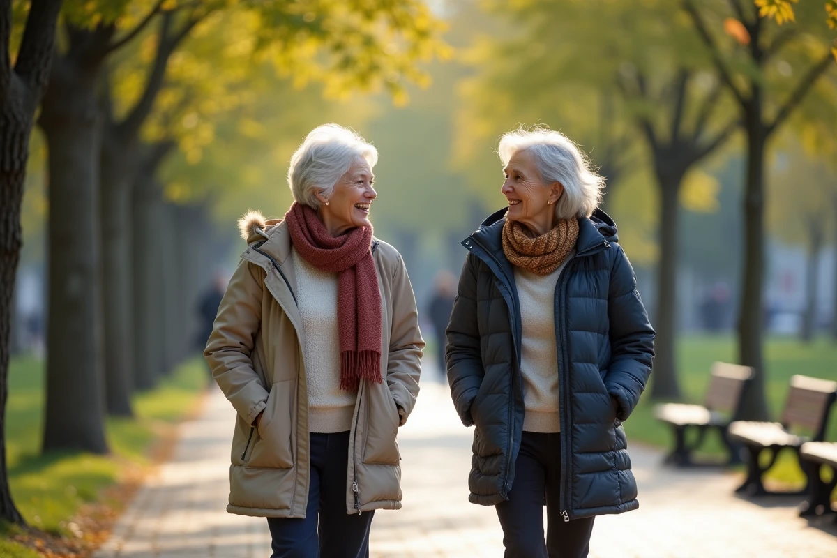 Femme senior en promenade dans un parc urbain en matinée