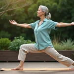 Femme de 60 ans pratiquant le yoga sur une terrasse en bois entourée d'un jardin verdoyant, posture guerrière sur tapis liège