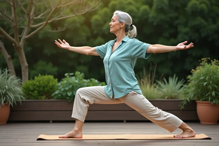 Femme de 60 ans pratiquant le yoga sur une terrasse en bois entourée d'un jardin verdoyant, posture guerrière sur tapis liège