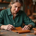 Femme travaillant le cuir avec un outil de poinçonnage
