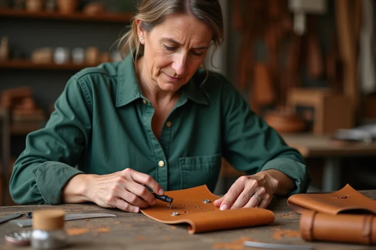 Femme travaillant le cuir avec un outil de poinçonnage
