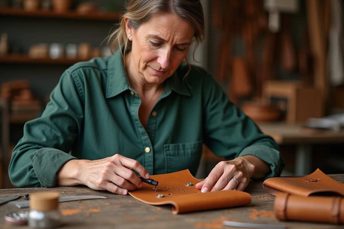 Femme travaillant le cuir avec un outil de poinçonnage