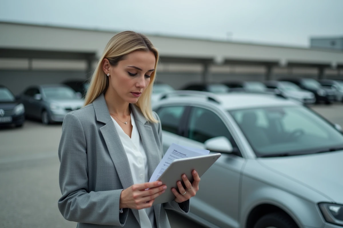 Femme consultant la carte grise d'un véhicule dans un parking pour vérifier le transfert de propriété