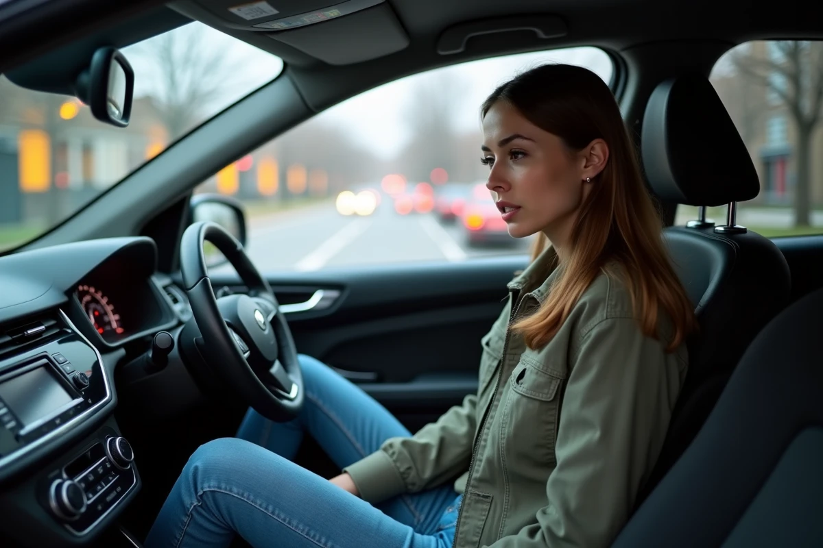 Jeune femme regardant le tableau de bord dans une voiture