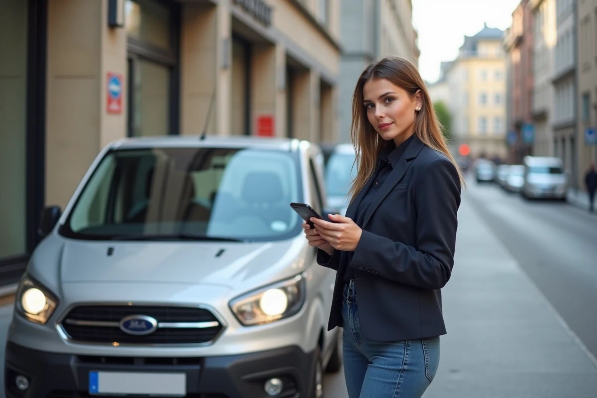 Jeune femme vérifiant des annonces automobiles dans la rue