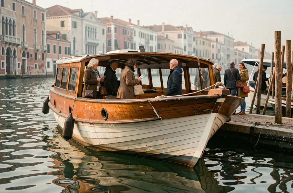 Ferry vaporetto amarré à un embarcadère de Venise avec des passagers en file d'attente sur le ponton flottant