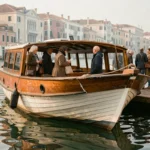 Ferry vaporetto amarré à un embarcadère de Venise avec des passagers en file d'attente sur le ponton flottant