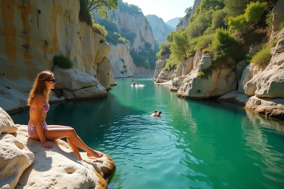 Gorges du Gardon près de Nîmes avec baigneurs sur les rochers calcaires, eau verte translucide et falaises naturelles comme alternative rivière à la mer
