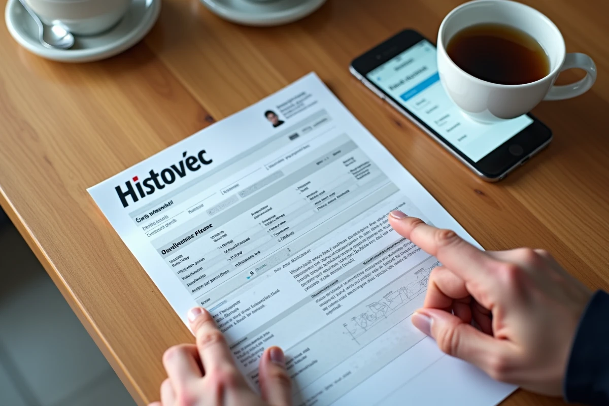 Gros plan sur une carte grise française posée sur une table avec un smartphone affichant le site Histovec pour vérifier le changement de titulaire