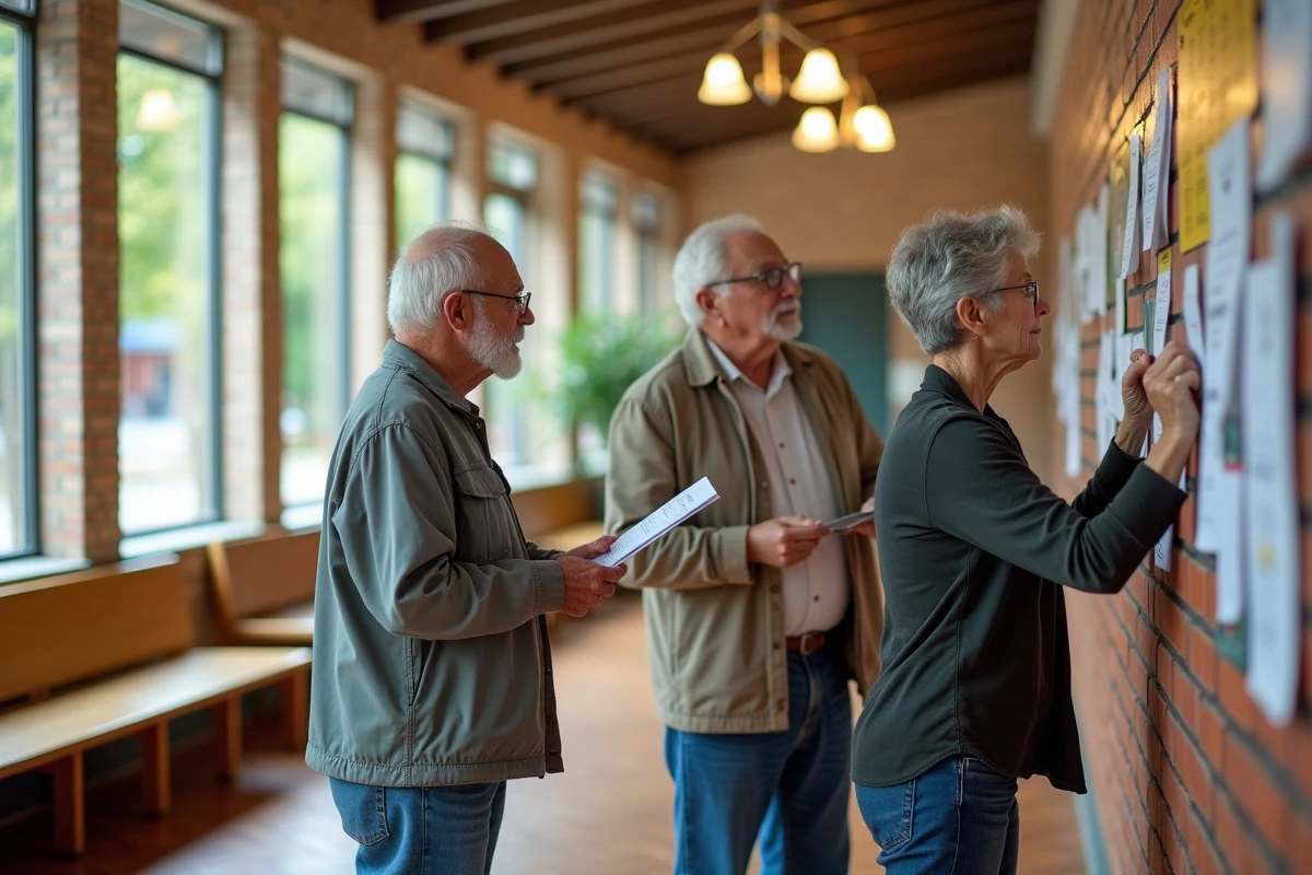 Groupe de seniors affichant des annonces dans un centre communautaire