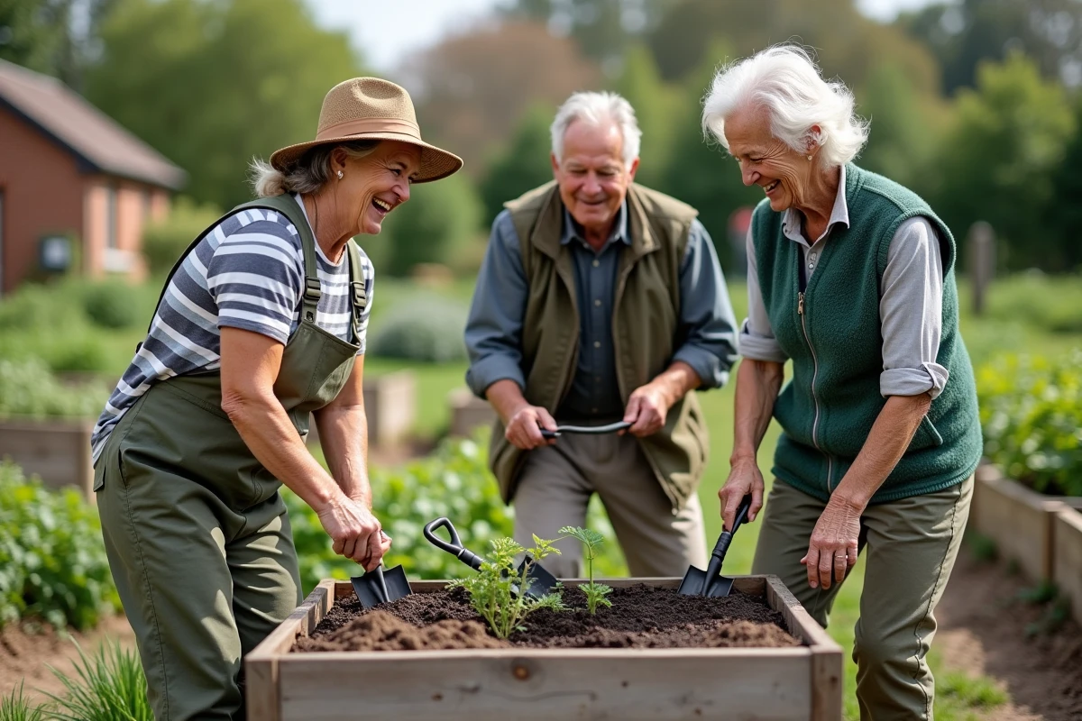 Groupe de seniors jardinant ensemble dans un potager communautaire, rires et travail d'équipe autour de bacs de légumes surélevés