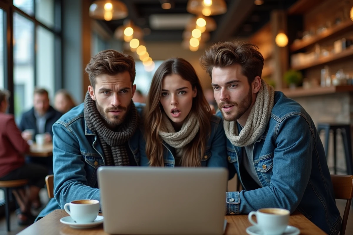 Groupe de jeunes adultes regardant un match de sport en streaming dans un café depuis un ordinateur portable