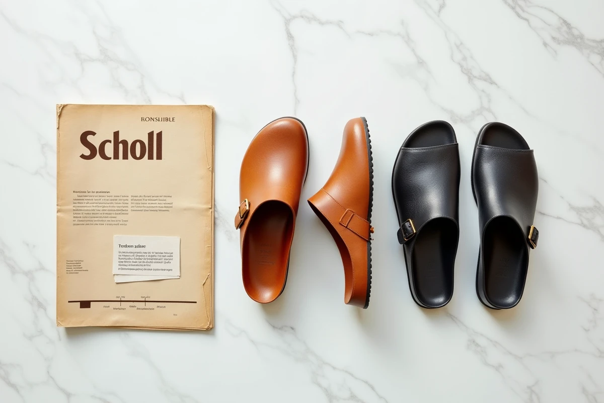 Collection de chaussures Scholl représentant l'évolution historique de la marque des années 1960 à aujourd'hui, posées sur du marbre blanc avec un catalogue vintage