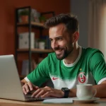 Homme algérien consultant l'actualité sportive algérienne sur un ordinateur portable avec maillot vert de la sélection