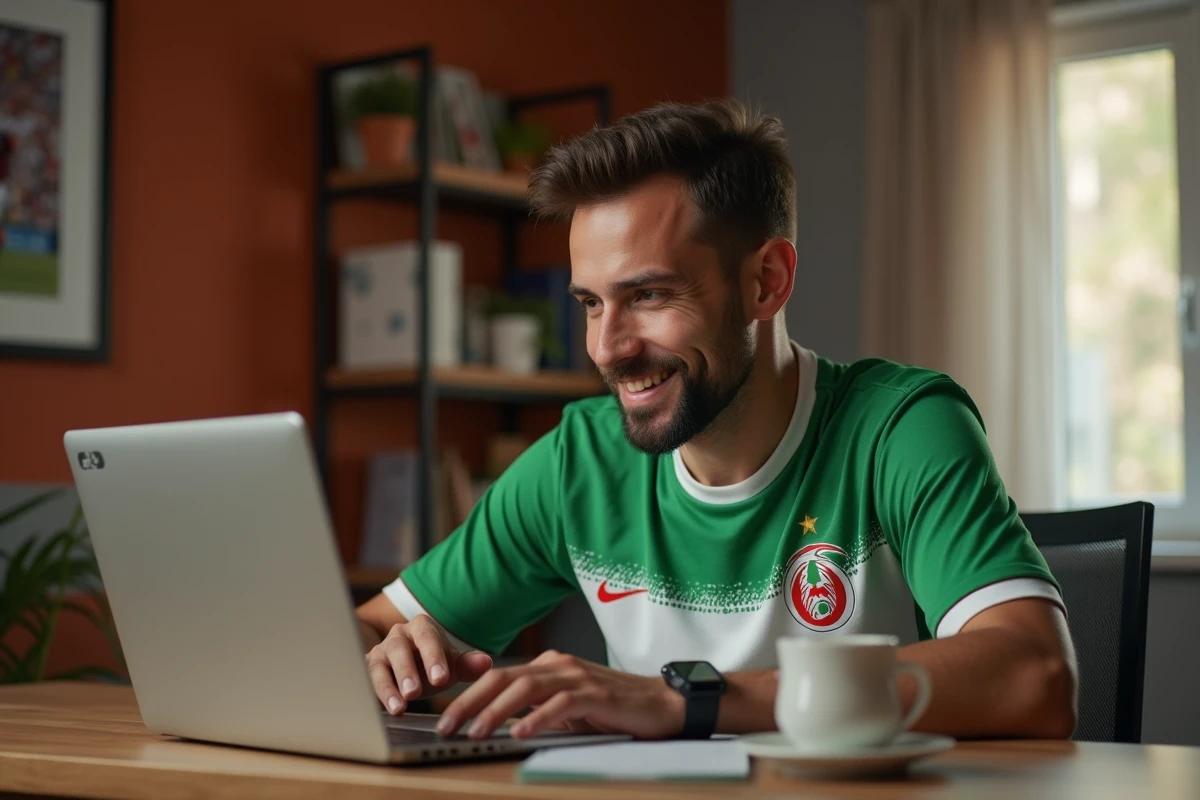 Homme algérien consultant l'actualité sportive algérienne sur un ordinateur portable avec maillot vert de la sélection