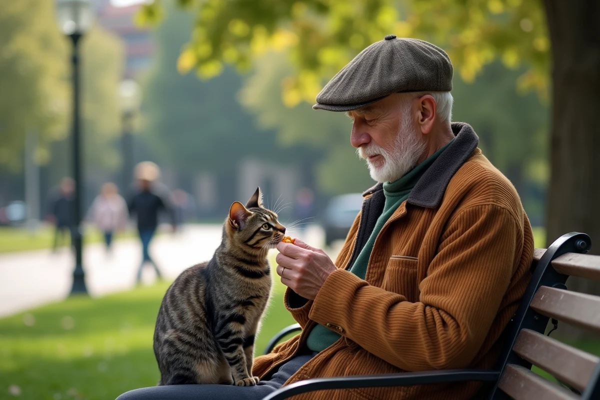 Homme âgé offrant une friandise à un chat dans un parc