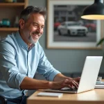 Homme souriant utilisant un ordinateur pour consulter un site auto