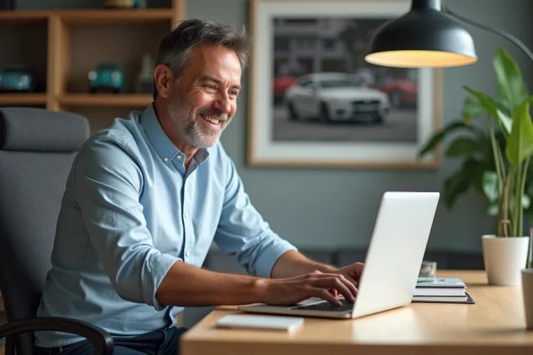 Homme souriant utilisant un ordinateur pour consulter un site auto
