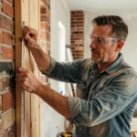 Homme mesurant un panneau en bois lors de travaux de rénovation intérieure dans un salon en cours d'aménagement