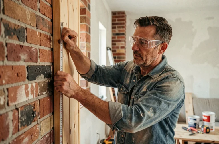 Homme mesurant un panneau en bois lors de travaux de rénovation intérieure dans un salon en cours d'aménagement