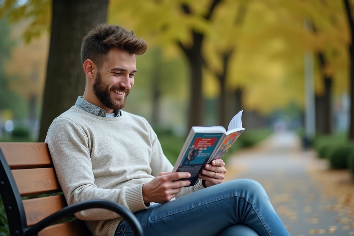 Homme décontracté feuilletant un magazine dans un parc urbain