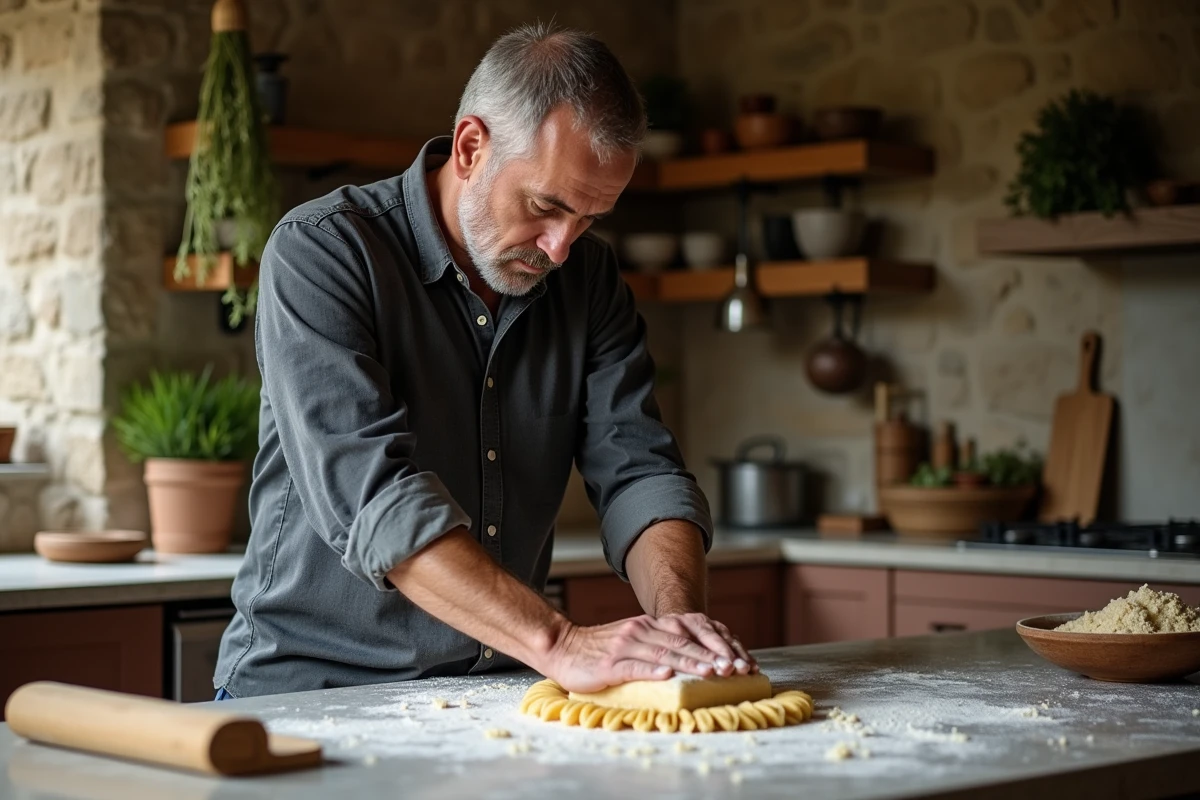 Homme pétrissant une pâte à pasta maison sur un plan de travail en marbre dans une cuisine rustique française avec des herbes séchées suspendues