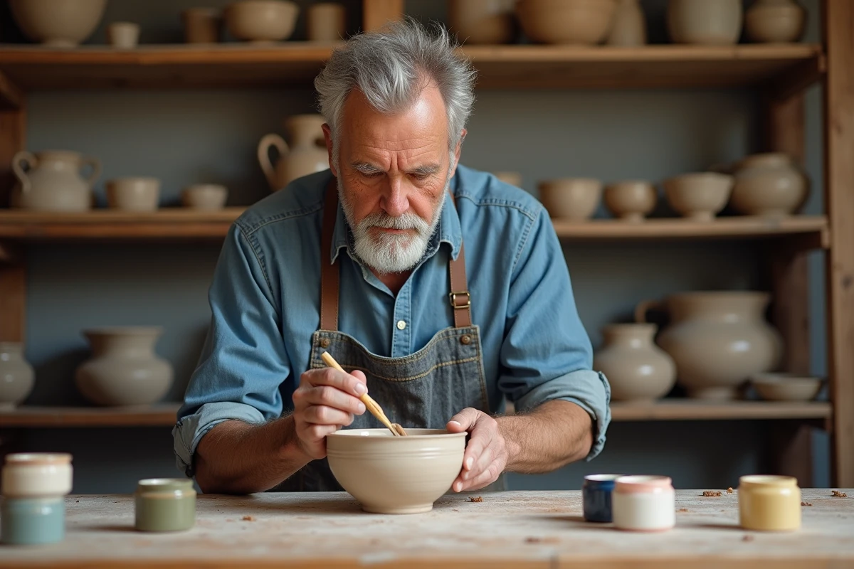 Homme senior en tablier de jean peignant un bol en céramique dans un atelier artisanal avec étagères de poteries en arrière-plan
