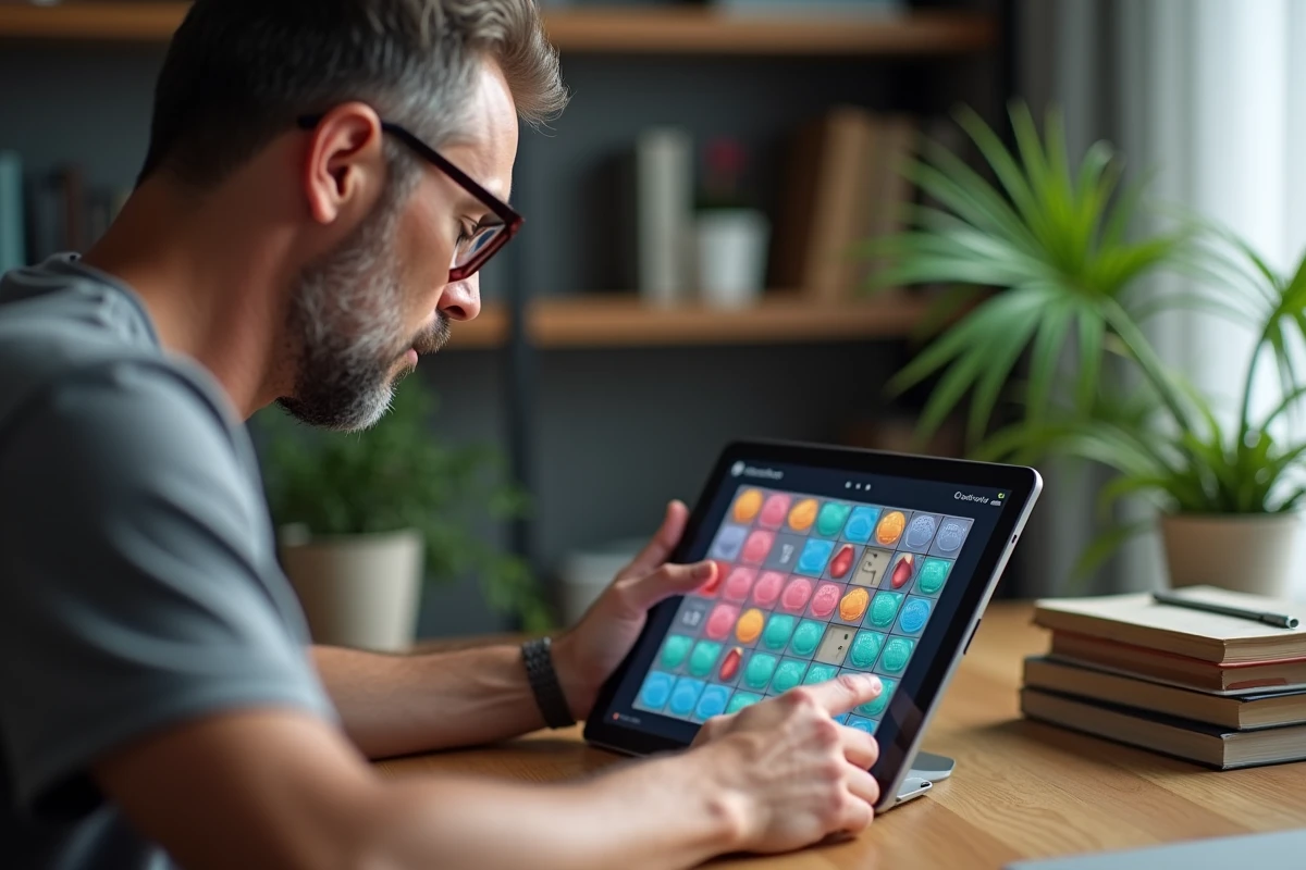 Homme d'âge moyen concentré sur un jeu de puzzle coloré en tablette, représentant le défi des niveaux difficiles de Candy Crush