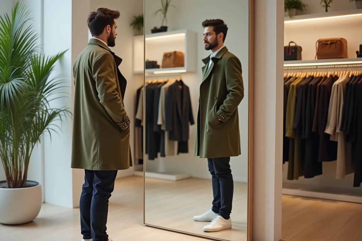 Homme tendance essayant un trench coat olive dans une boutique de mode contemporaine avec des racks de vêtements en arrière-plan