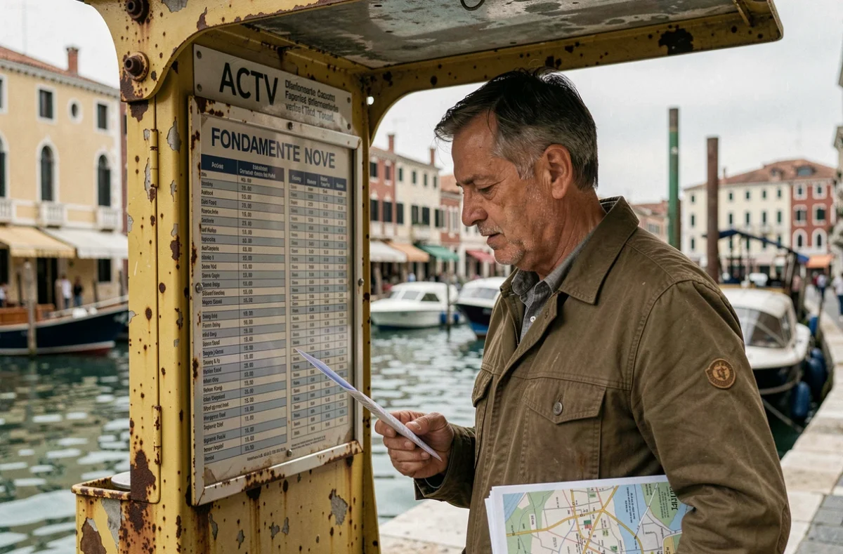 Voyageur consultant le tableau des horaires du ferry ACTV à l'arrêt de vaporetto Fondamente Nove à Venise