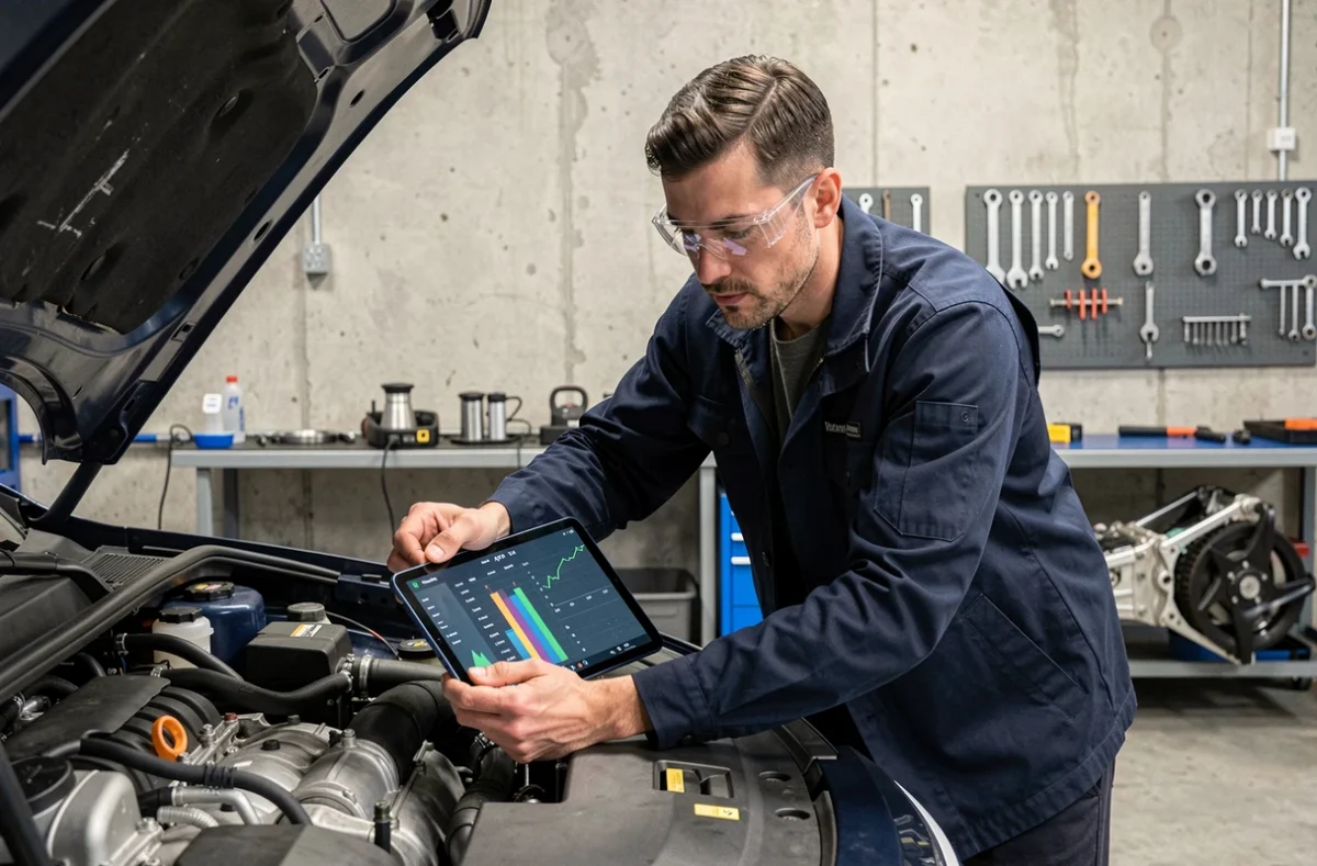 Ingénieur automobile masculin analysant les performances d'un véhicule hybride dans un laboratoire de R&D professionnel