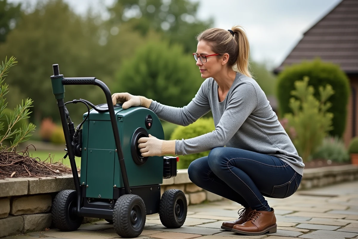 Femme inspectant le panneau de commande d'un broyeur électrique Denqbar avant utilisation