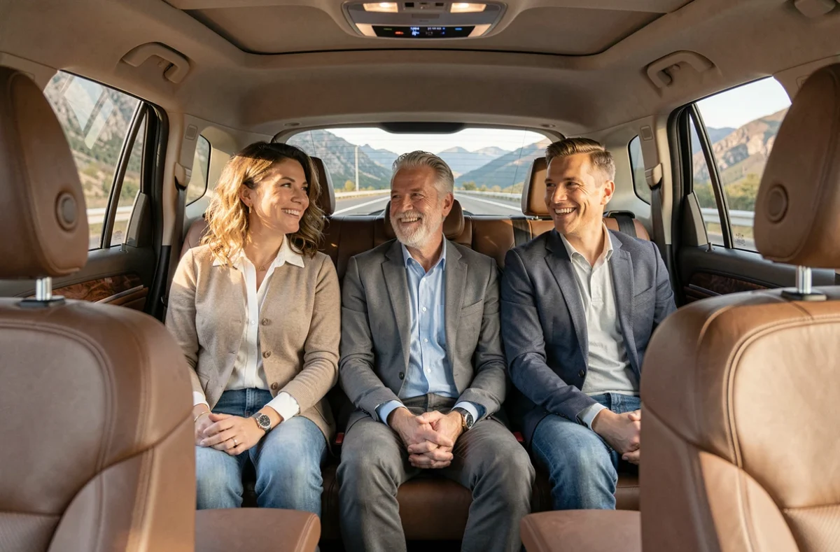 Trois adultes assis côte à côte sur la banquette arrière d'un grand SUV premium lors d'un voyage en famille sur autoroute de montagne