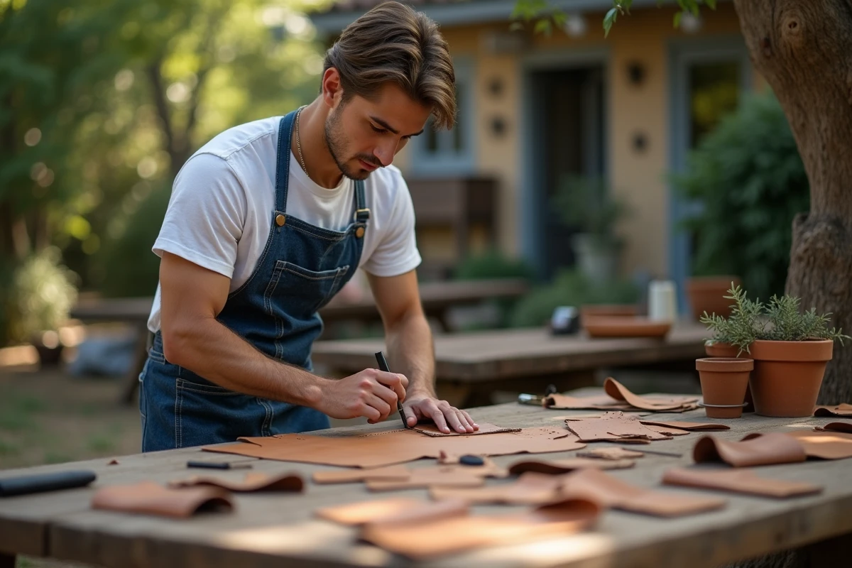 Jeune homme marquant le cuir avec un poinçon artisanal
