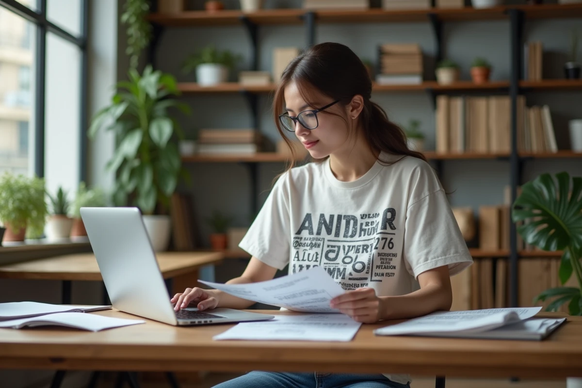 Jeune femme créative en studio avec maquettes design