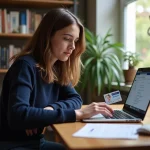 Jeune femme concentrée sur son ordinateur portable dans un appartement étudiant
