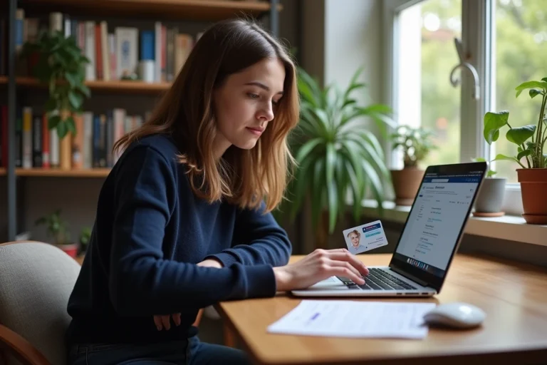 Jeune femme concentrée sur son ordinateur portable dans un appartement étudiant