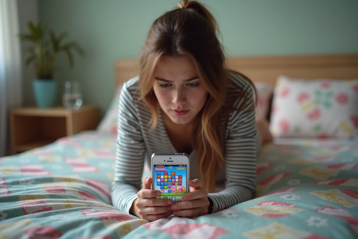 Jeune femme allongée sur son lit jouant à Candy Crush avec une expression de défi face aux niveaux difficiles