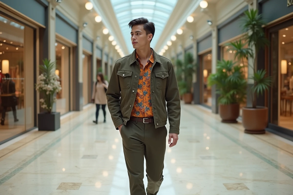Jeune homme mode dans une galerie commerciale moderne