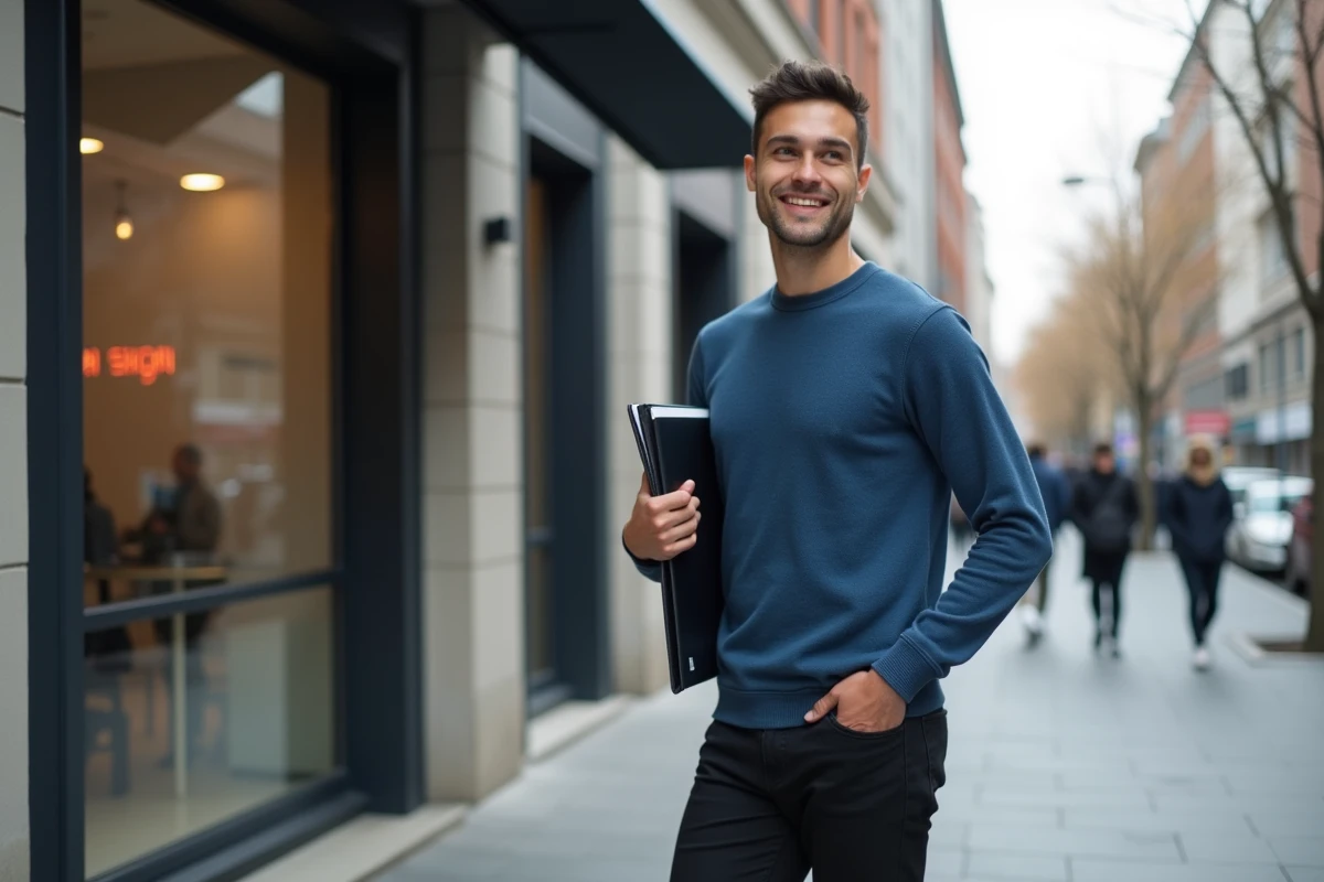 Jeune homme souriant avec portfolio dans la ville