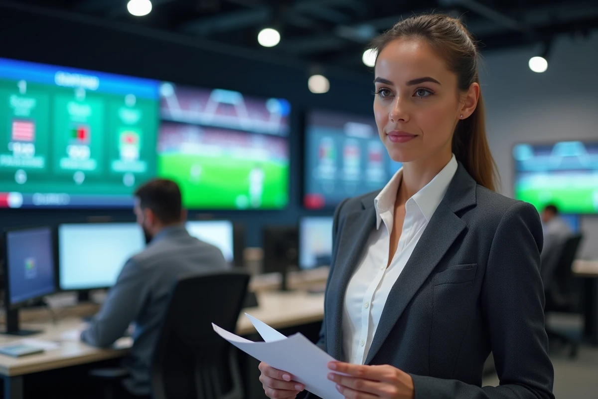 Journaliste sportive algérienne en salle de rédaction consultant des statistiques sportives algériennes sur écran