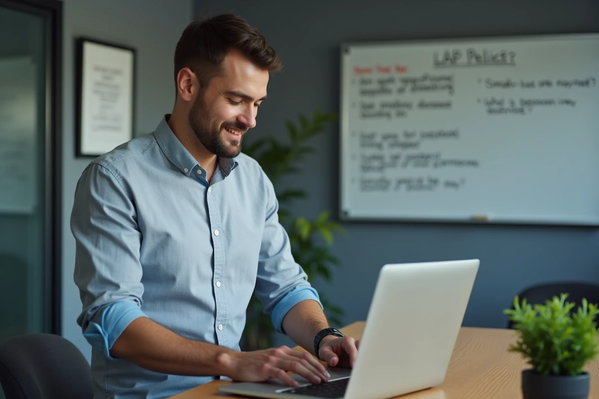 Manager rédigeant une note de service sur ordinateur portable dans son bureau pour rappeler les règles internes à ses employés