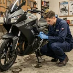 Mécanicien inspectant le moteur d'une Yamaha MT-125 dans un atelier de moto pour débridage