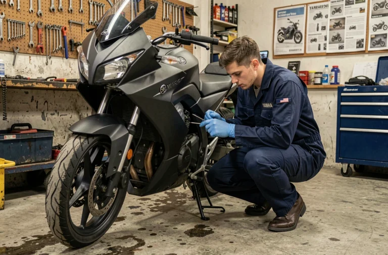 Mécanicien inspectant le moteur d'une Yamaha MT-125 dans un atelier de moto pour débridage
